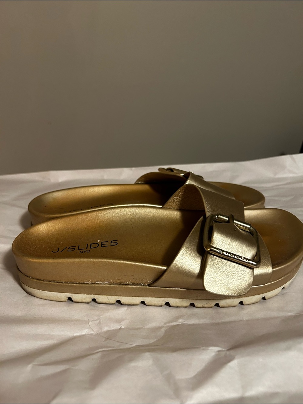 J/SLIDES Metallic Gold Buckle Platform Slide Sandals
